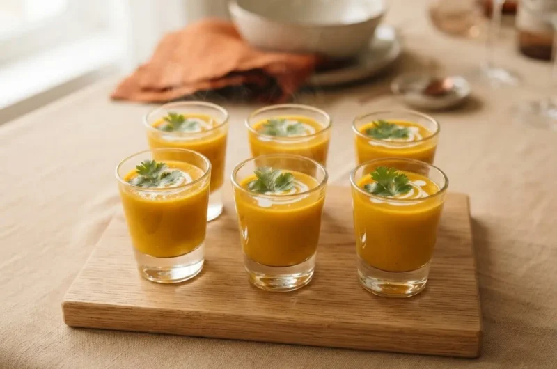 Maronensuppe im Gläschen auf Holzbrett – elegantes Buffet-Häppchen im Herbst