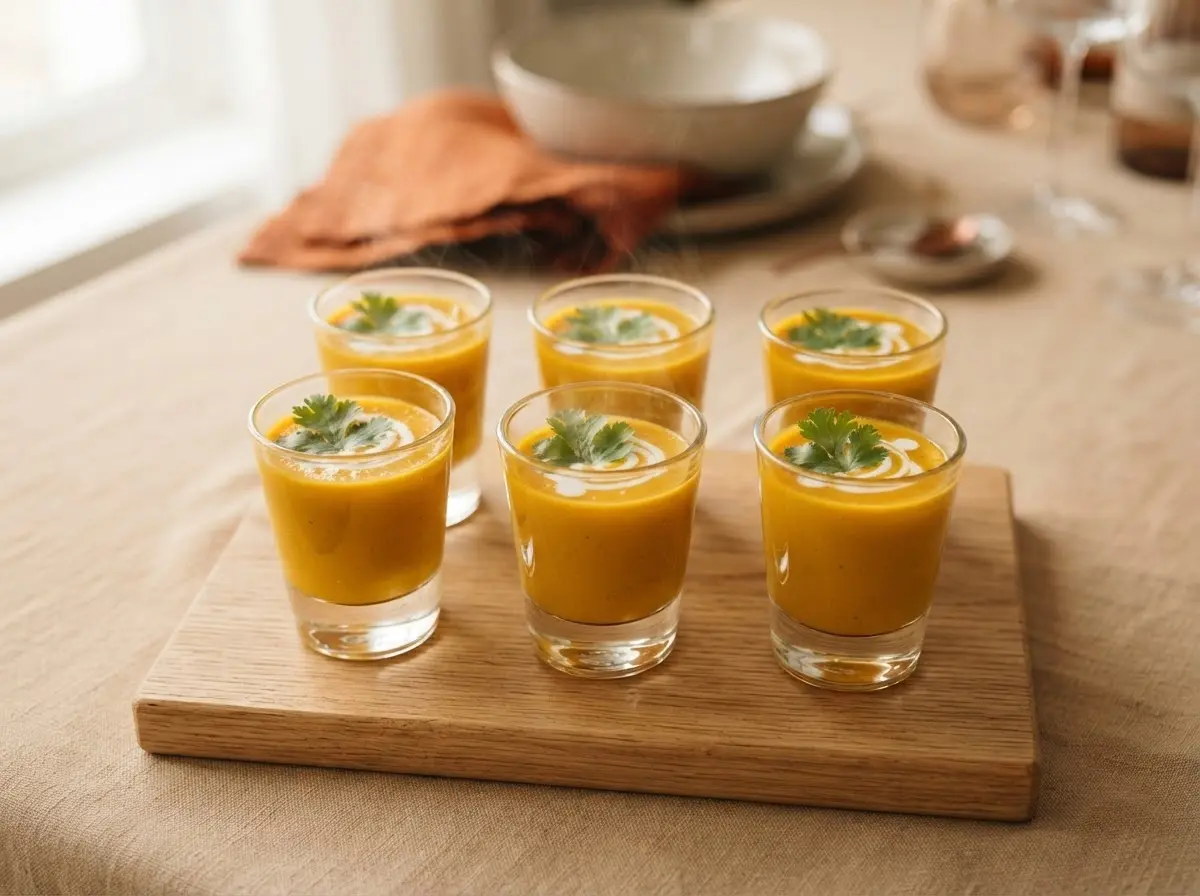 Maronensuppe im Gläschen auf Holzbrett – elegantes Buffet-Häppchen im Herbst