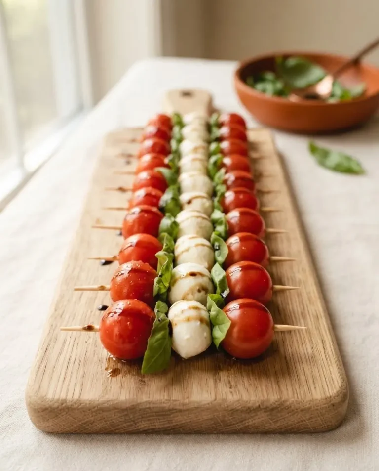 Tomate-Mozzarella-Spieße mit Basilikum und Balsamico auf Holzbrett, servierfertig als Fingerfood