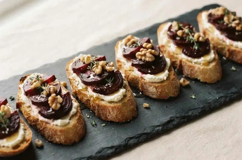 : Rote-Bete-Crostini mit Walnuss auf Schieferplatte — elegantes vegetarisches Buffet-Häppchen