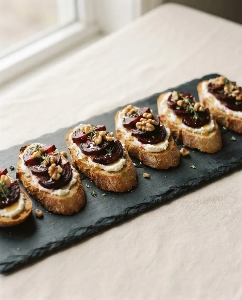 : Rote-Bete-Crostini mit Walnuss auf Schieferplatte — elegantes vegetarisches Buffet-Häppchen