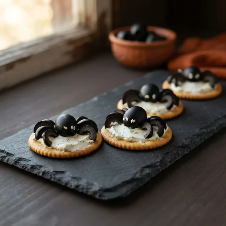 Spinnen-Canamés mit schwarzen Oliven und Sesamaugen auf Frischkäse-Crackern, Halloween-Buffet