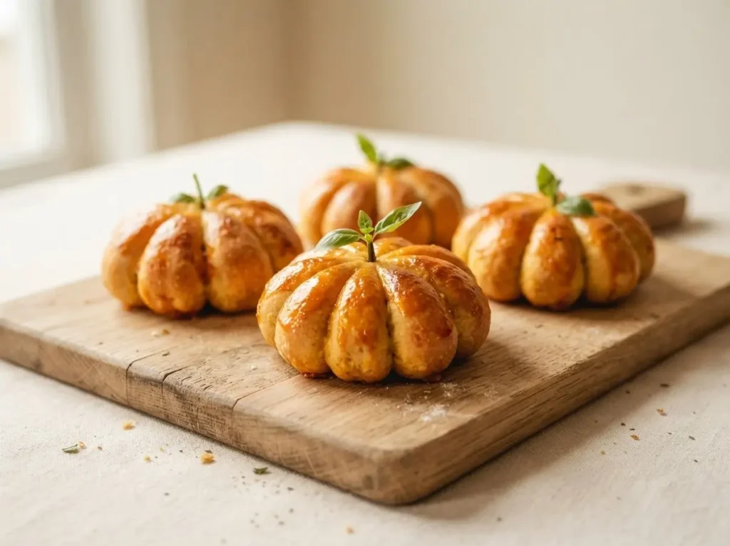 Goldbraune Mini-Kürbis-Pizzen mit Basilikum-Stielen auf Holzbrett, orangefarbene Glasur