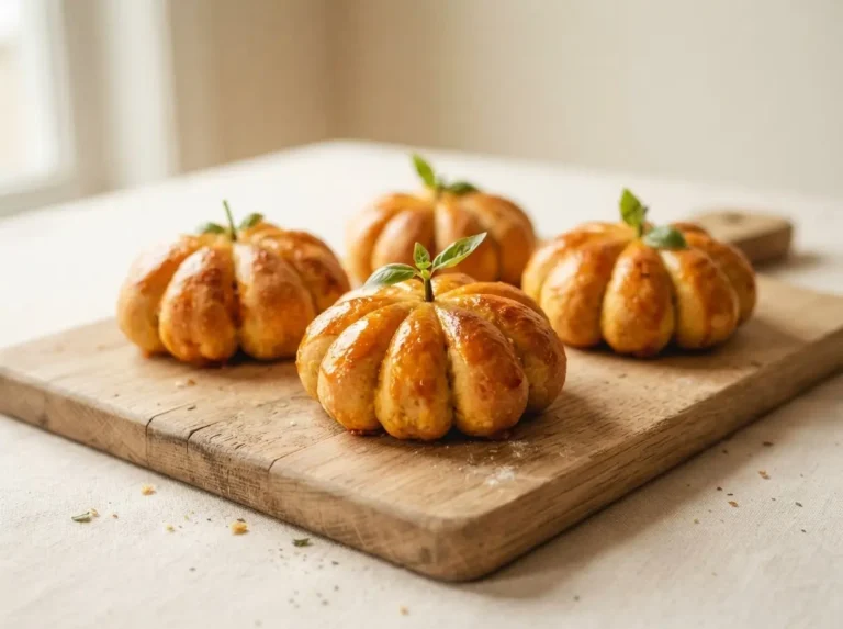 Goldbraune Mini-Kürbis-Pizzen mit Basilikum-Stielen auf Holzbrett, orangefarbene Glasur