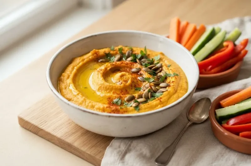 Kürbis-Hummus in weißer Schale mit Olivenöl und Kürbiskernen, umgeben von Gemüse-Sticks
