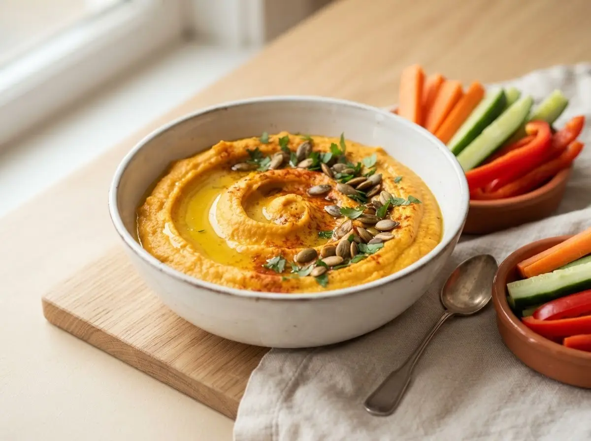 Kürbis-Hummus in weißer Schale mit Olivenöl und Kürbiskernen, umgeben von Gemüse-Sticks