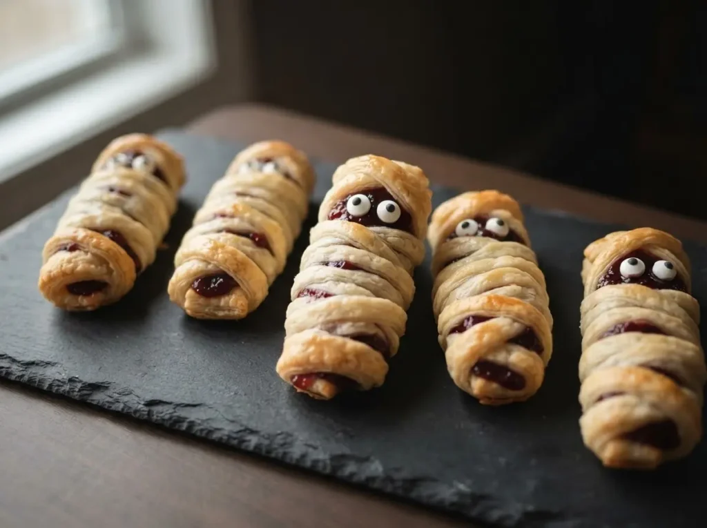 Goldbraune Blätterteig-Mumien mit Deko-Augen und Marmelade auf dunklem Tablett