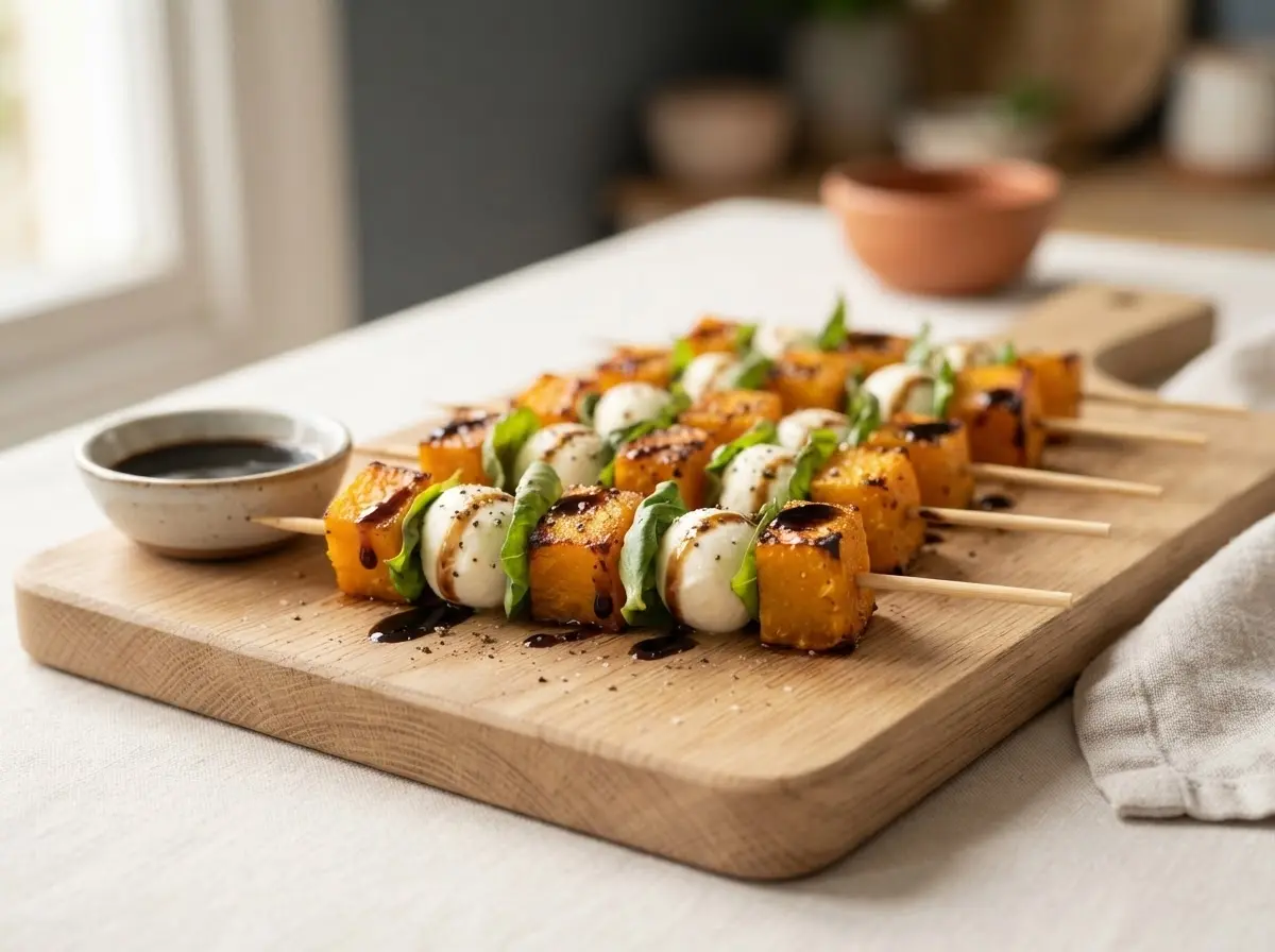 Kürbis-Caprese-Spieße mit Hokkaido, Mozzarella und Basilikum auf Holzbrett, beträufelt mit Balsamico