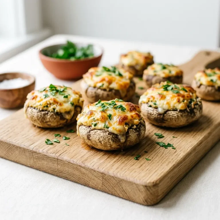 Gefüllte Champignons Häppchen mit Käse aus dem Ofen, goldbraun überbacken auf Holzbrett
