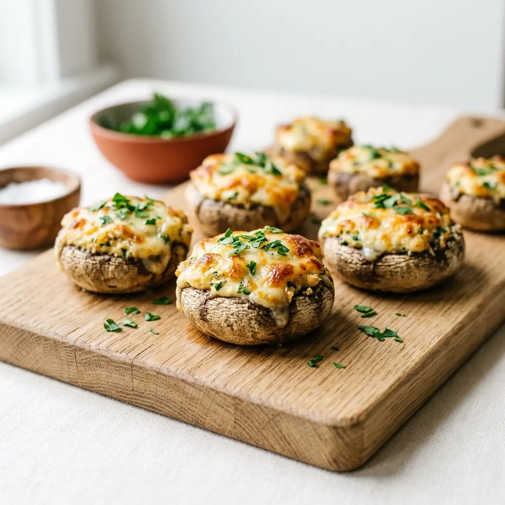 Gefüllte Champignons Häppchen mit Käse aus dem Ofen, goldbraun überbacken auf Holzbrett