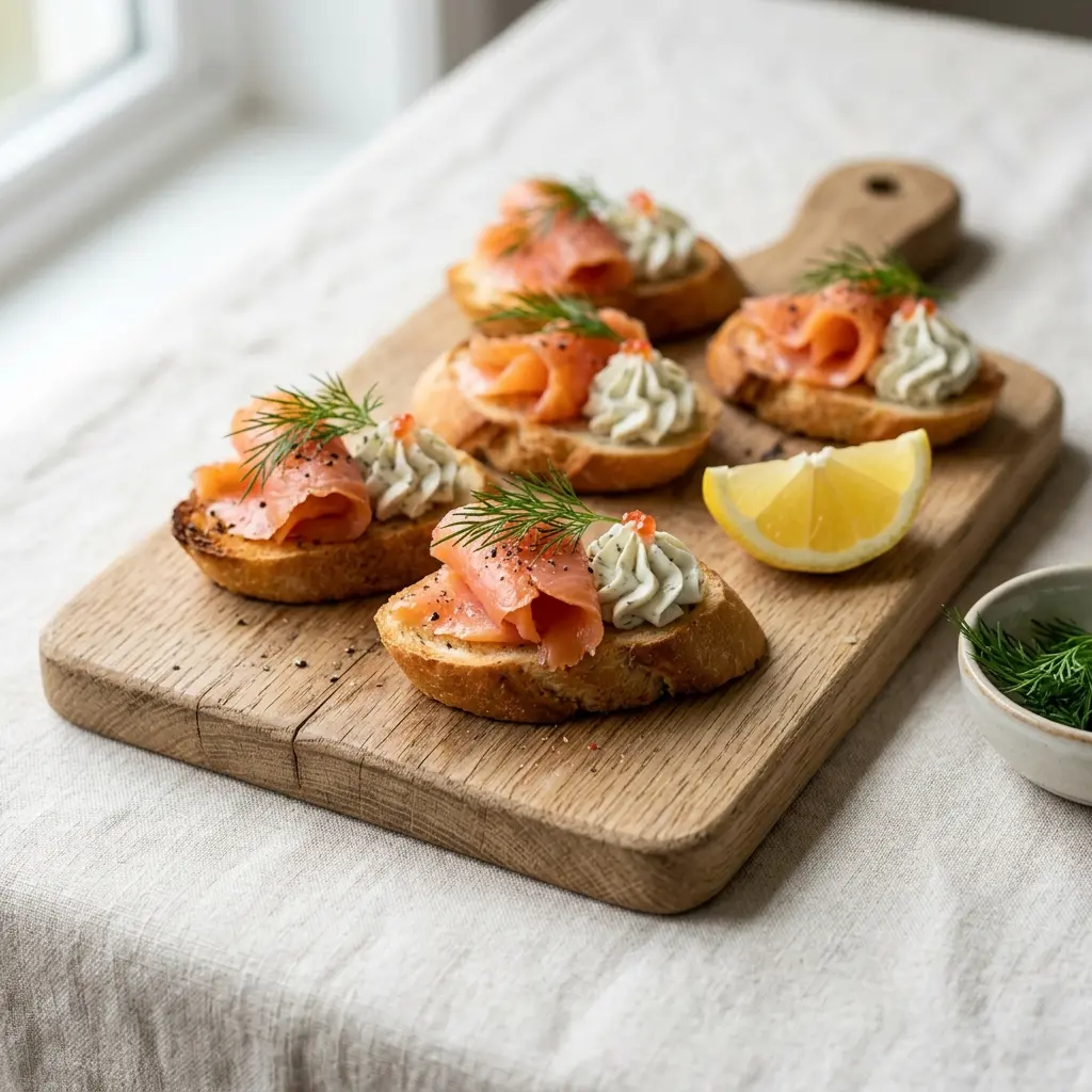 Lachs Häppchen Fingerfood – Crostini mit Frischkäse und Räucherlachs auf Holzbrettchen