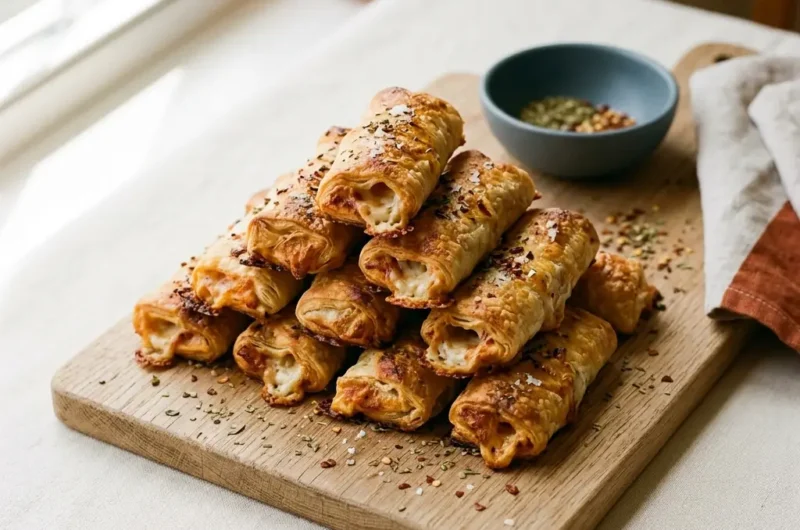 Goldbraune pikante Pizzaschnecken auf Holzbrett mit Mozzarella, bereit zum Servieren