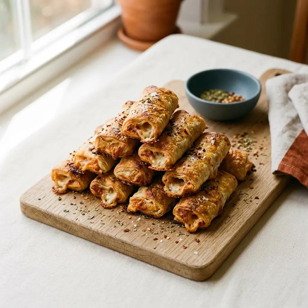 Goldbraune pikante Pizzaschnecken auf Holzbrett mit Mozzarella, bereit zum Servieren