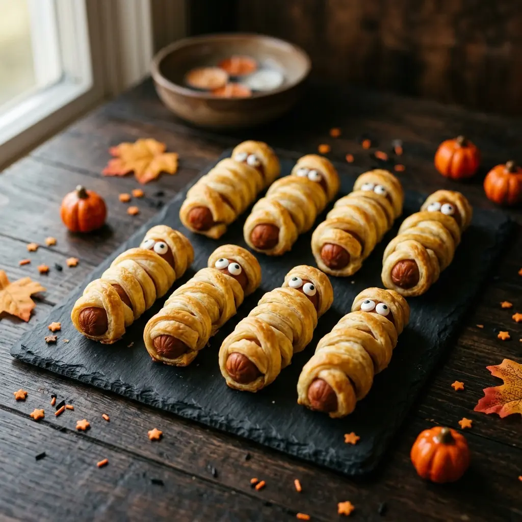  Mumien-Würstchen aus Blätterteig auf schwarzem Tablett mit Zuckeraugen – Halloween-Fingerfood