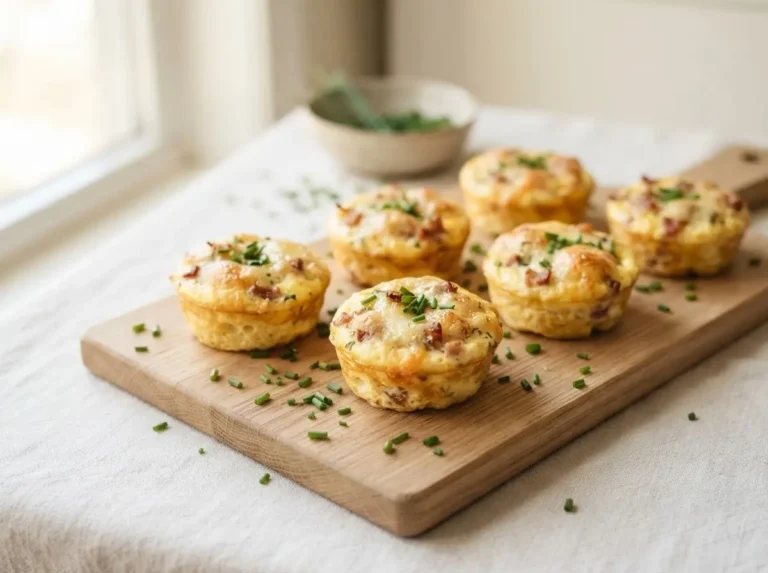 Mini-Quiche Lorraine ohne Teig auf Holzbrett, goldbraun gebacken mit Schinken und Emmentaler