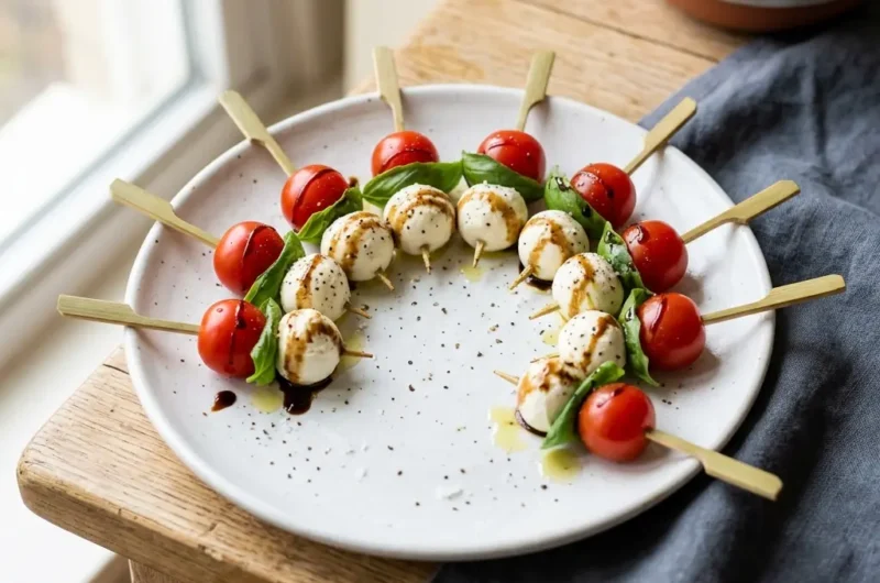 Caprese Spieße mit Kirschtomaten, Mozzarella und Basilikum auf weißem Teller, beträufelt mit Balsamico-Creme