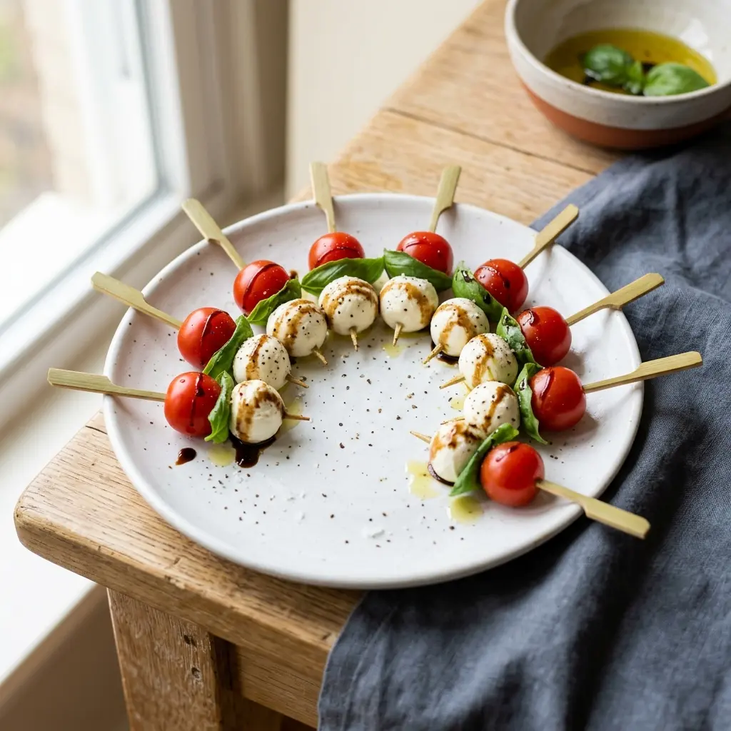 Caprese Spieße mit Kirschtomaten, Mozzarella und Basilikum auf weißem Teller, beträufelt mit Balsamico-Creme
