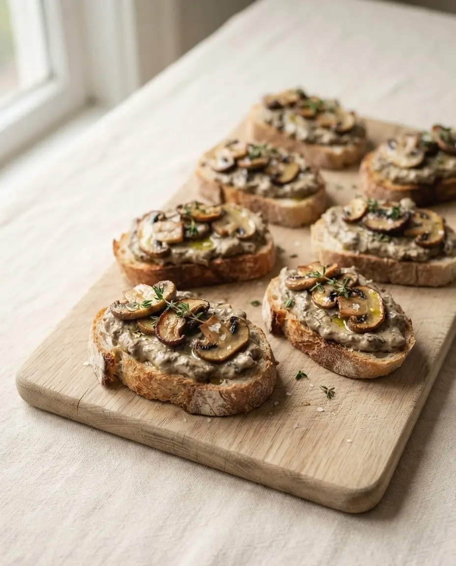 Pilz-Crostini mit Thymian auf Holzbrett – goldbraunes Röstbrot mit cremigem Pilzbelag
