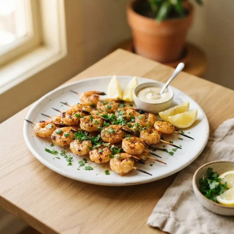 Garnelenspieße mit Knoblauch auf weißem Teller, bestreut mit Petersilie und Zitronenspalten