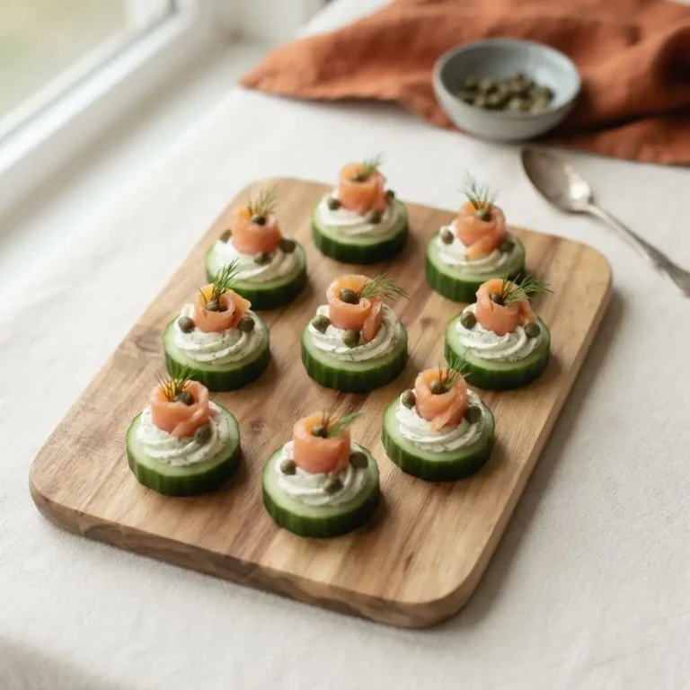 Gurken-Lachs-Häppchen mit Frischkäse-Dill-Creme und Kapern auf Holzbrett, von oben