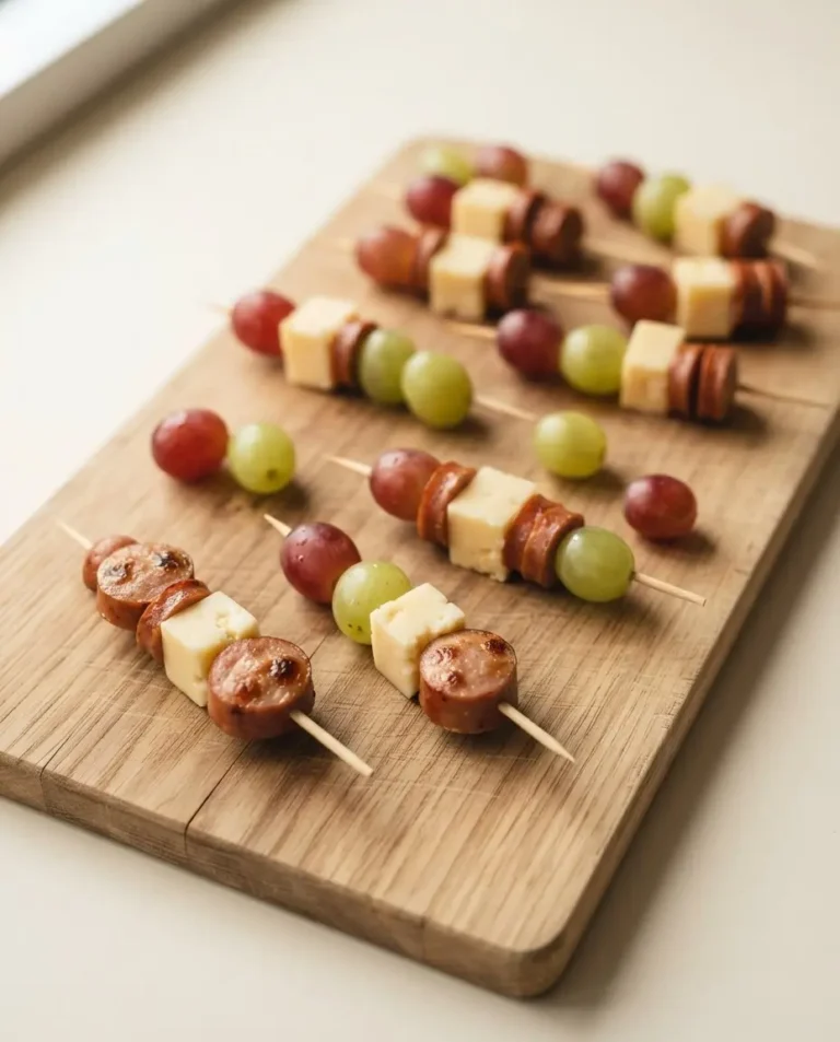 Trauben Käse Spieße mit Würstchen auf einem Holzbrett — süß-herzhaftes Fingerfood für das Buffet