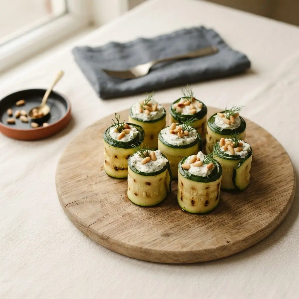 Zucchiniröllchen mit Frischkäse und Pinienkernen auf einem Holzbrett – leichtes Fingerfood
