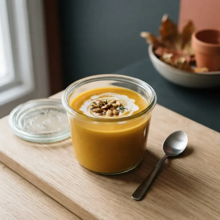 Cremige Kürbissuppe im Weckglas mit Kokosmilch-Klecks und gerösteten Kürbiskernen auf hellem Holzbrett.