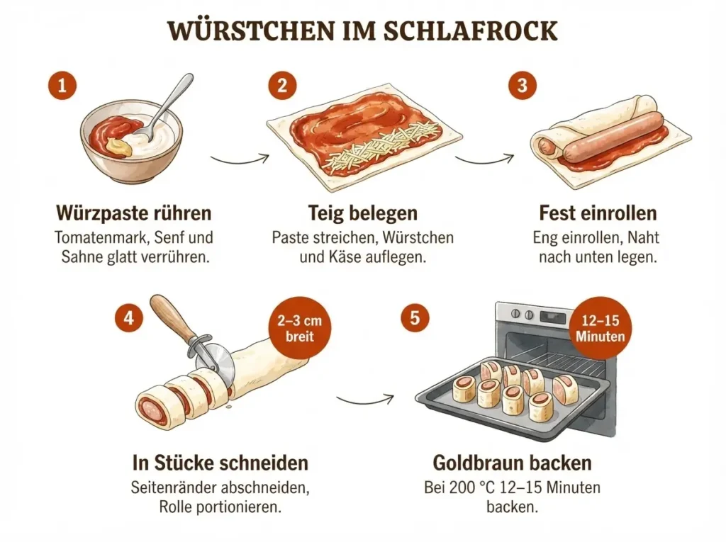 Schritt-für-Schritt-Infografik Würstchen im Schlafrock: Würzpaste, Teig belegen, einrollen, schneiden, backen.