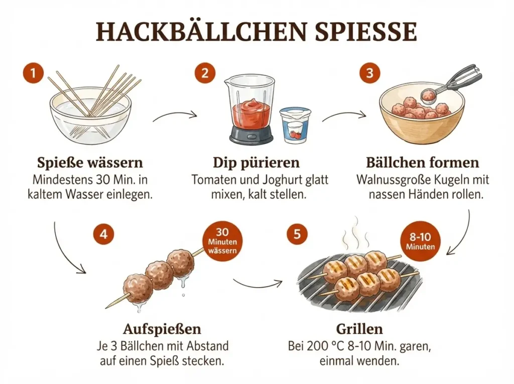 Schritt-für-Schritt-Illustration Hackbällchen-Spieße: Spieße wässern, Dip mixen, Hackmasse formen, aufspießen, grillen.
