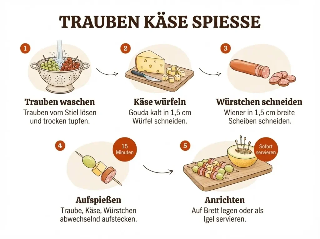 Fünf Schritte für Trauben Käse Spieße als Infografik — waschen, würfeln, schneiden, aufspießen, anrichten