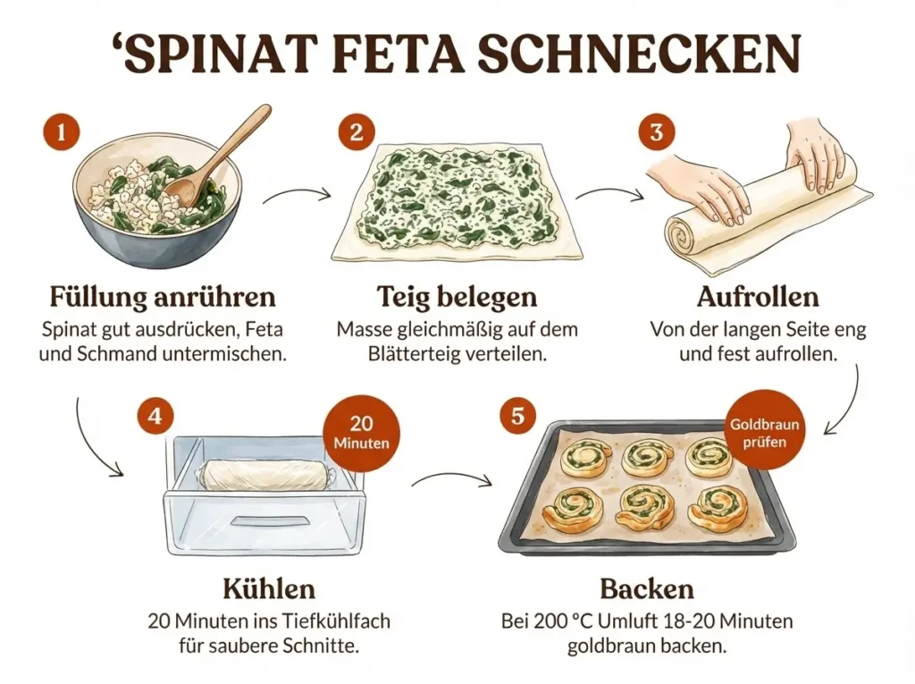 Schritt-für-Schritt-Infografik: Blätterteig Spinat Feta Schnecken in 5 Schritten zubereiten