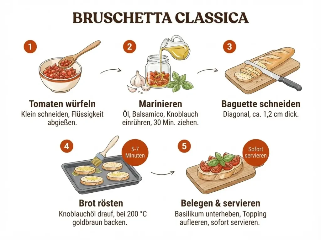 Schritt-für-Schritt-Illustration: Bruschetta Classica in 5 Schritten von Tomaten würfeln bis servieren
