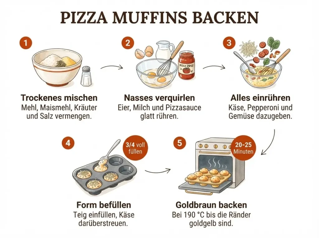 Schritt-für-Schritt-Infografik Mini-Pizza-Muffins: Teig mischen, füllen, backen – fünf Panels auf Weiß