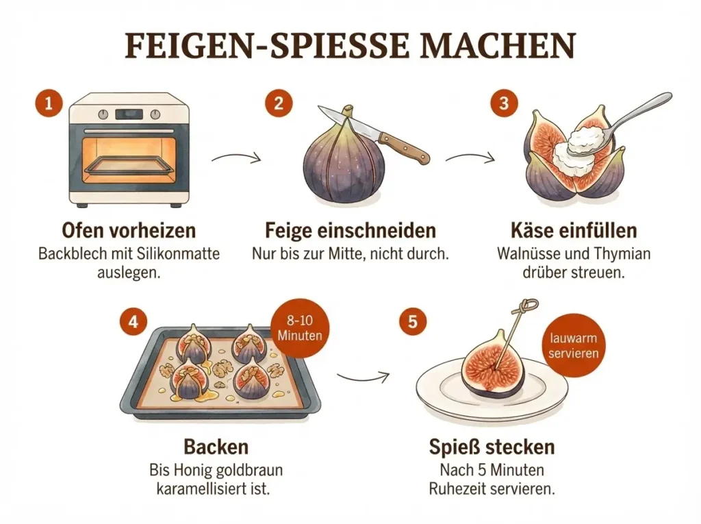 Schritt-für-Schritt-Illustration: Feigen einschneiden, füllen, backen und auf Spieße stecken