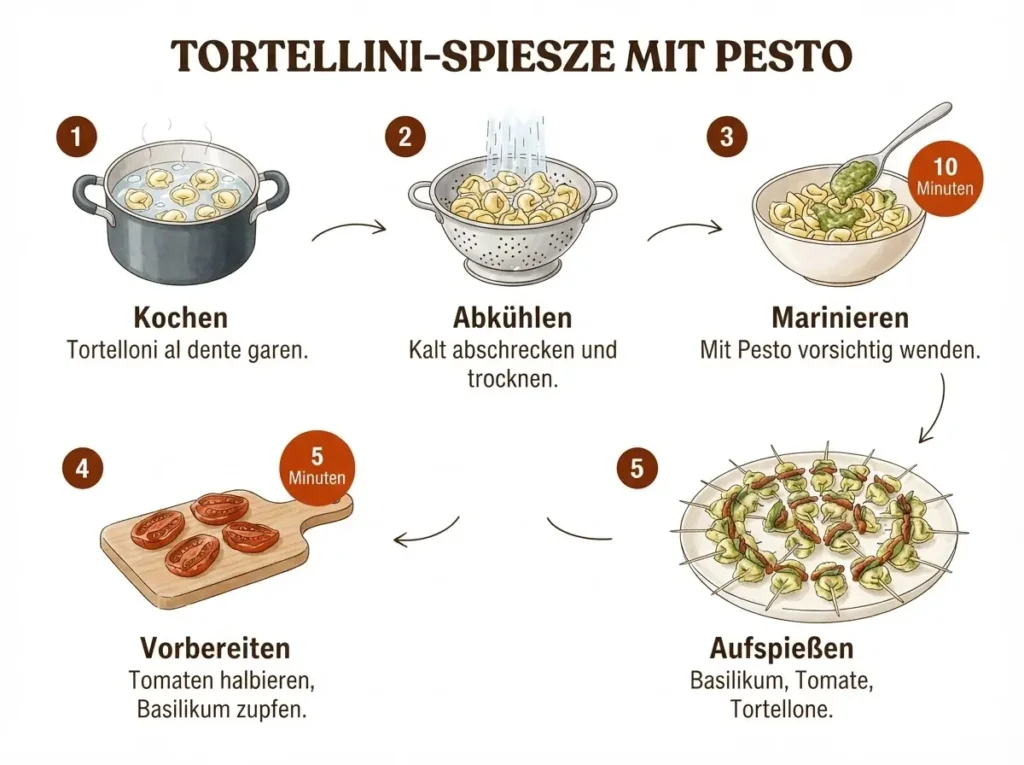 Schritt-für-Schritt-Infografik: Tortellini-Spieße mit Pesto in 5 Schritten zubereiten