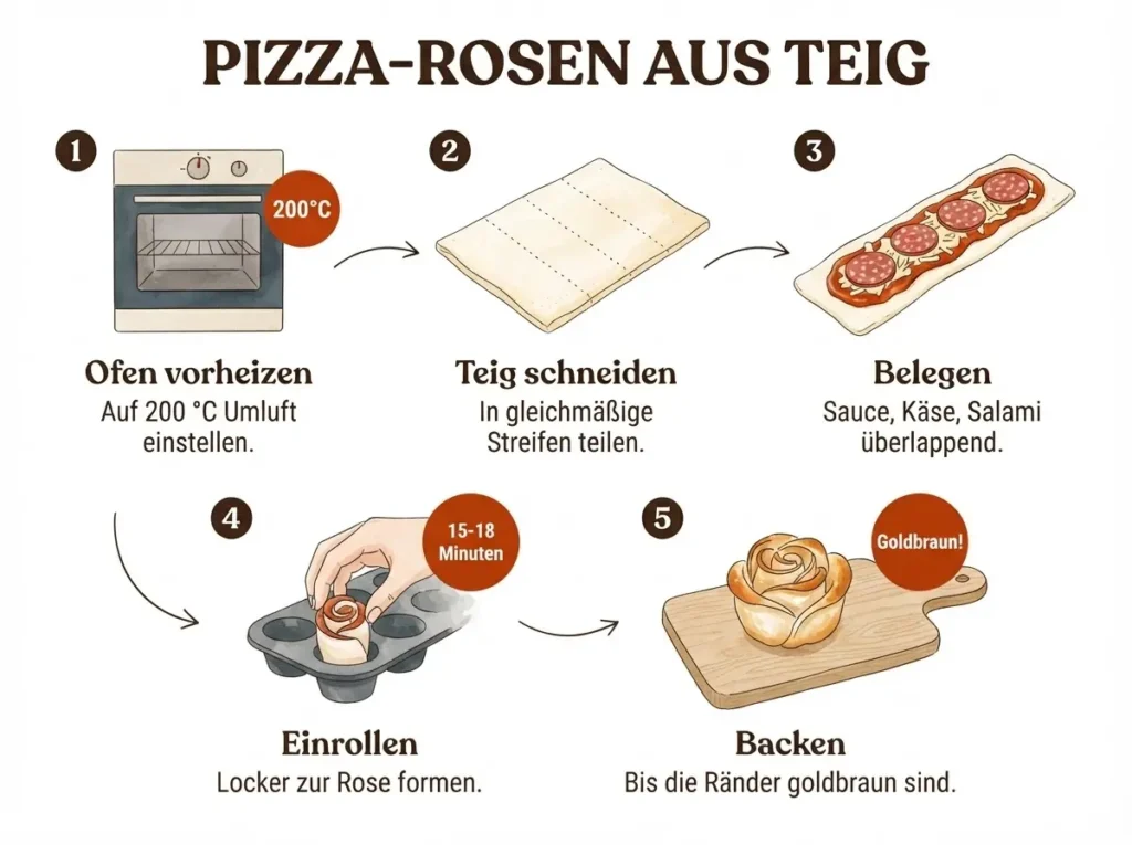 Infografik: Pizza-Rosen aus Blätterteig in 5 Schritten selber machen