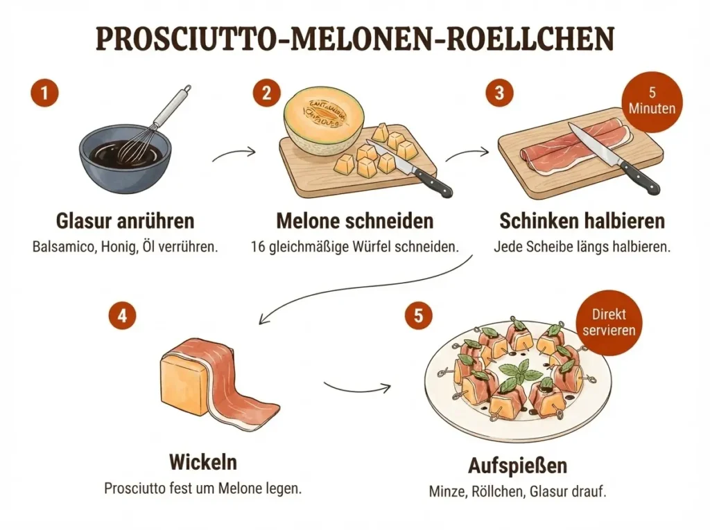 Infografik: Prosciutto-Melonen-Röllchen in 5 Schritten zubereiten