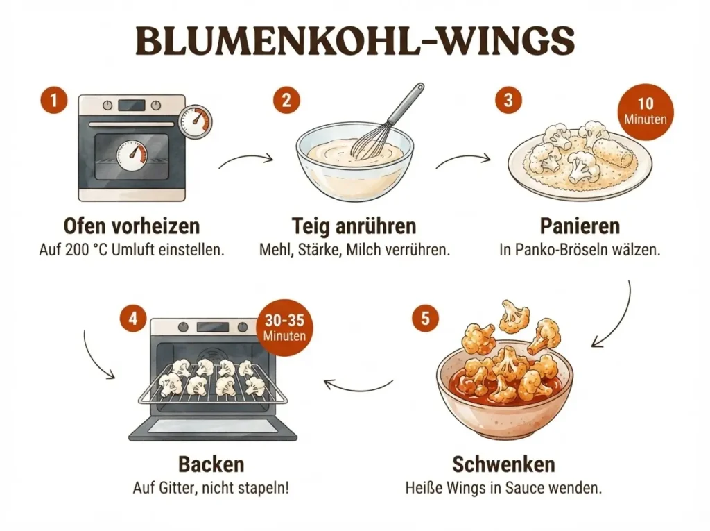 Infografik: Blumenkohl-Wings aus dem Ofen in 5 Schritten selber machen