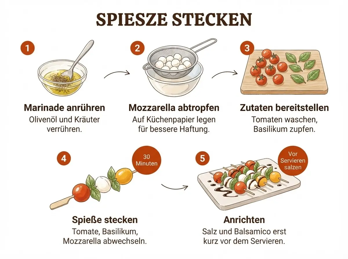Schritt-für-Schritt-Infografik für Tomate-Mozzarella-Spieße: Marinade, abtropfen, vorbereiten, aufspießen, anrichten