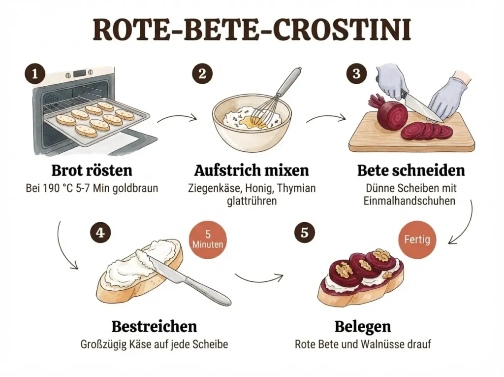 Schritt-für-Schritt Infografik Rote-Bete-Crostini mit Walnuss — 5 Zubereitungsschritte illustriert