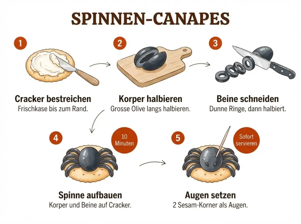Draufsicht auf 12 Spinnen-Canamés mit schwarzen Oliven auf Crackern, Halloween-Buffet-Platte