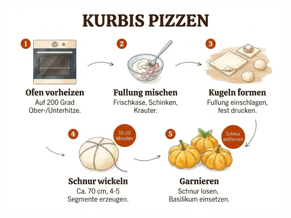 Draufsicht sechs goldbraune Mini-Kürbis-Pizzen mit Basilikum-Stielen auf Holzbrett