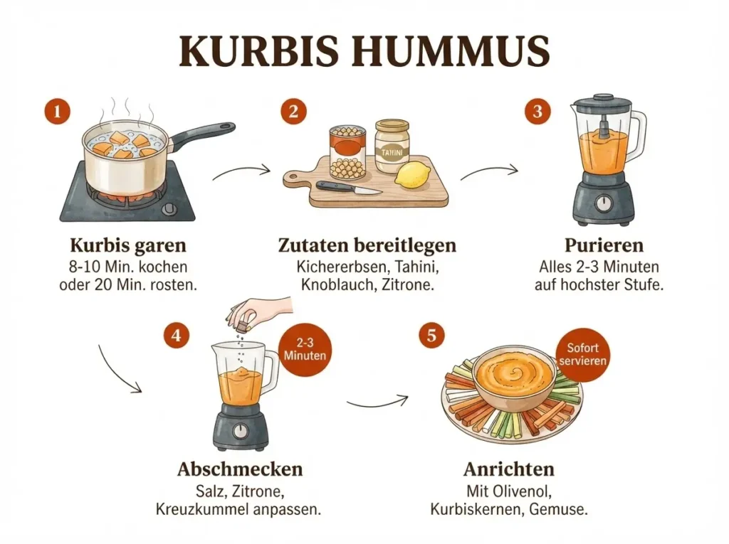 Schritt-für-Schritt Kürbis-Hummus zubereiten in 5 illustrierten Panels