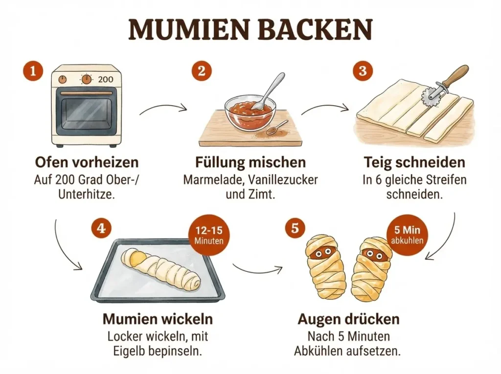 Schritt-für-Schritt Blätterteig Mumien backen in 5 illustrierten Panels
