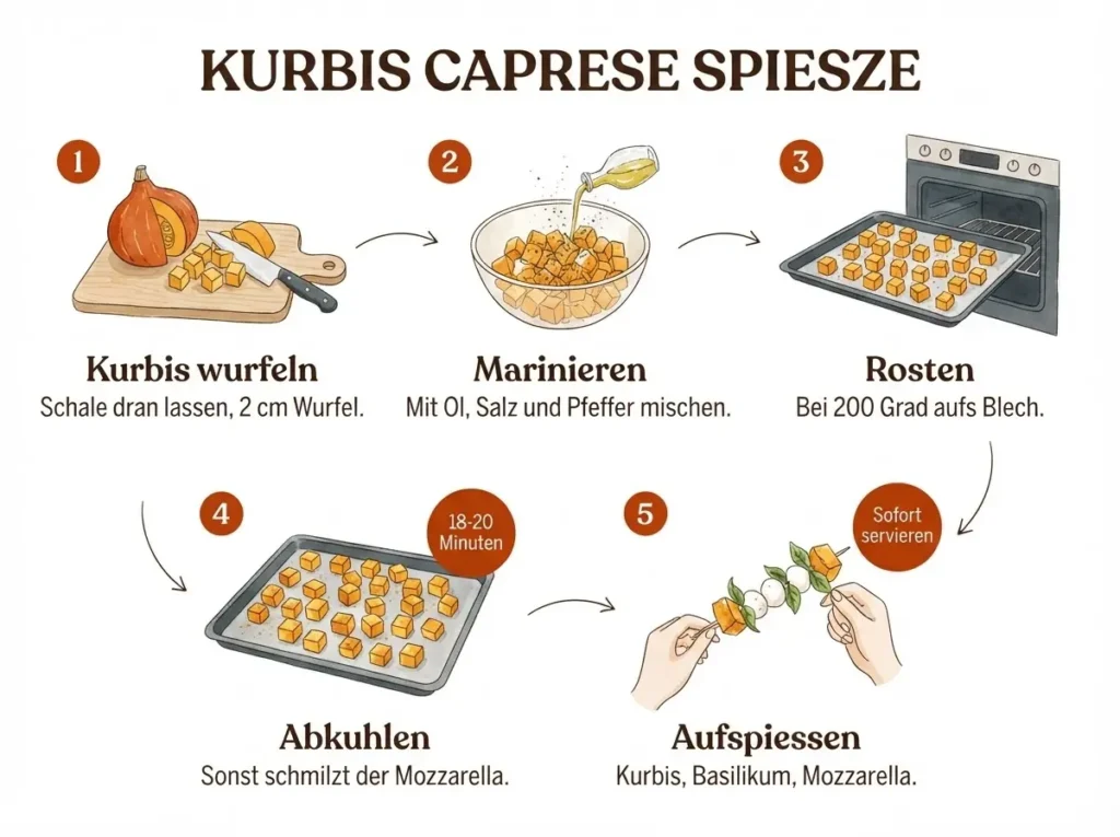 Schritt-für-Schritt-Anleitung für Kürbis-Caprese-Spieße in 5 illustrierten Panels