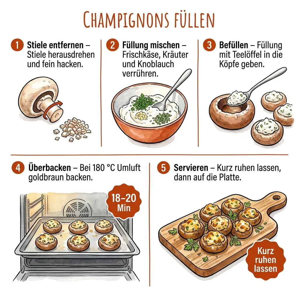 Schritt-für-Schritt-Infografik: Gefüllte Champignons Häppchen in 5 Schritten zubereiten