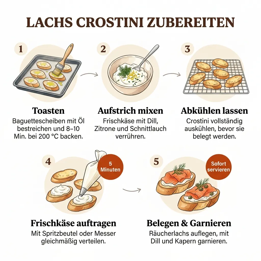 Schritt-für-Schritt-Infografik: Lachs Häppchen Fingerfood als Crostini in 5 Schritten