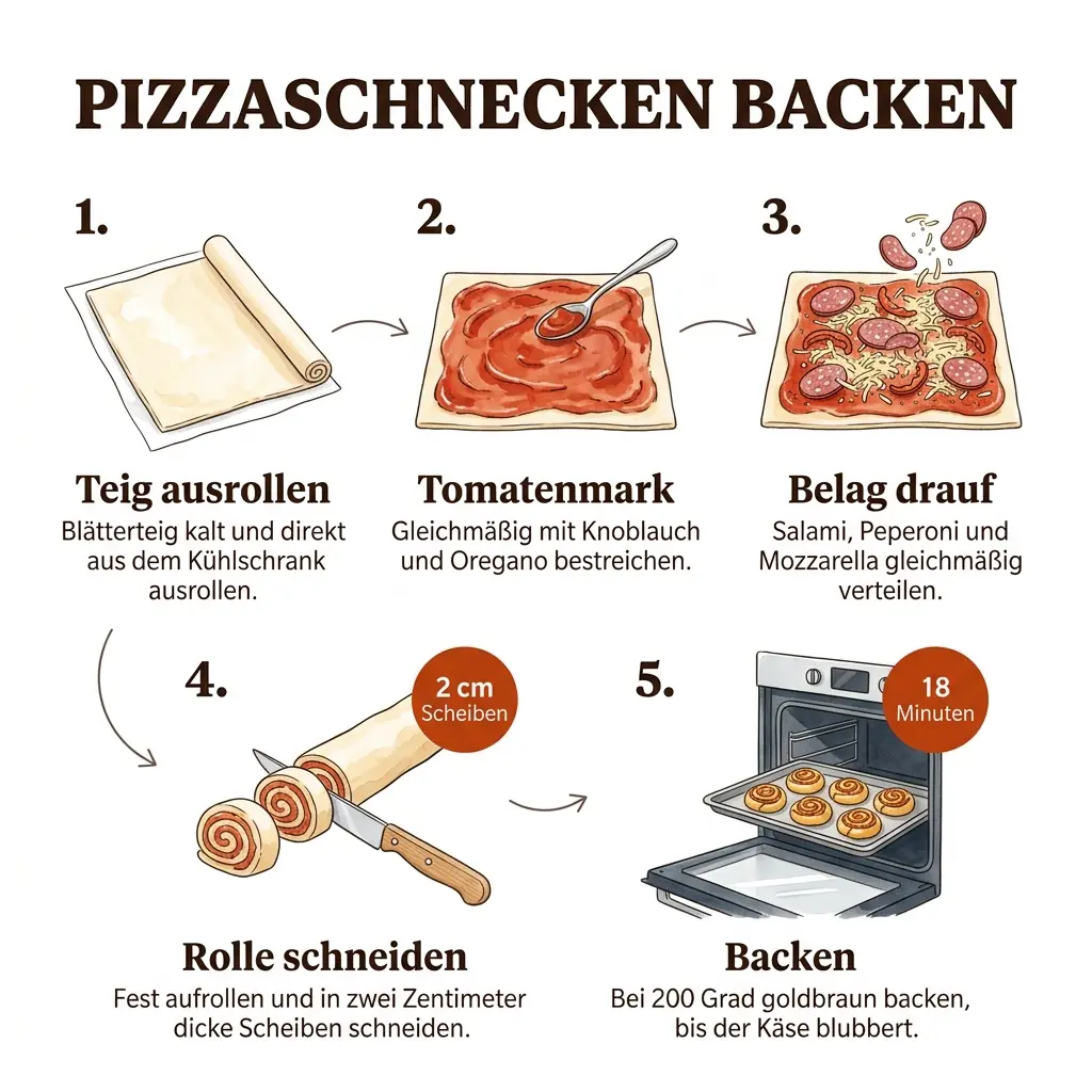 Schritt-für-Schritt-Infografik Pizzaschnecken: Teig ausrollen, belegen, aufrollen, schneiden, backen
