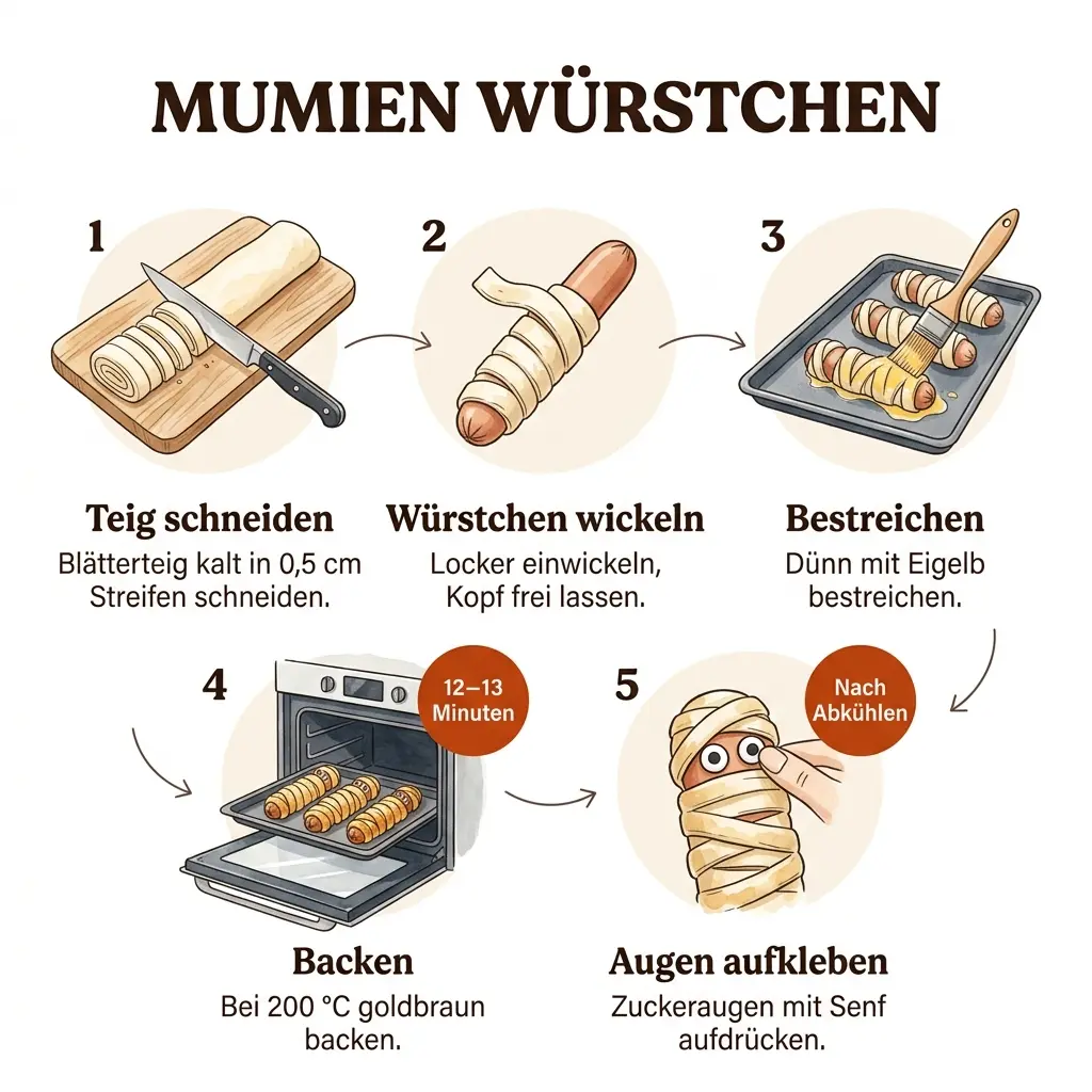 Schritt-für-Schritt Anleitung Mumien-Würstchen: Teig schneiden, wickeln, bestreichen, backen, dekorieren