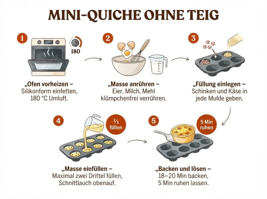 Schritt-für-Schritt-Infografik: Mini-Quiche Lorraine ohne Teig in fünf illustrierten Panels